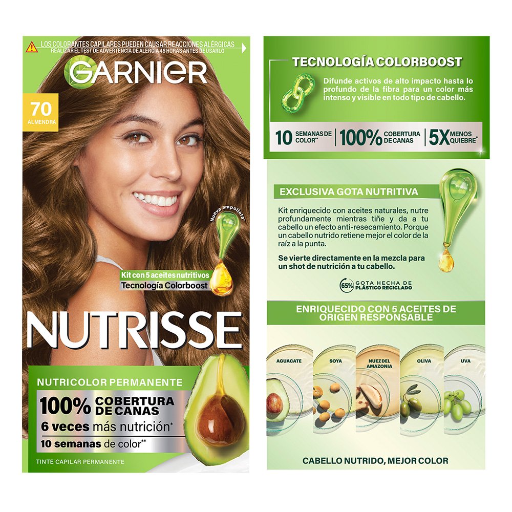 GARNIER NUTRISSE, NUTRISSE, NUTRISSE REGULAR, COLORACIÓN DE CABELLO, TINTE DE CABELLO, COLOR INTENSO, COLORACIÓN, FÓRMULA VEGANA, CRUELTY FREE, TONO 70, ALMENDRA